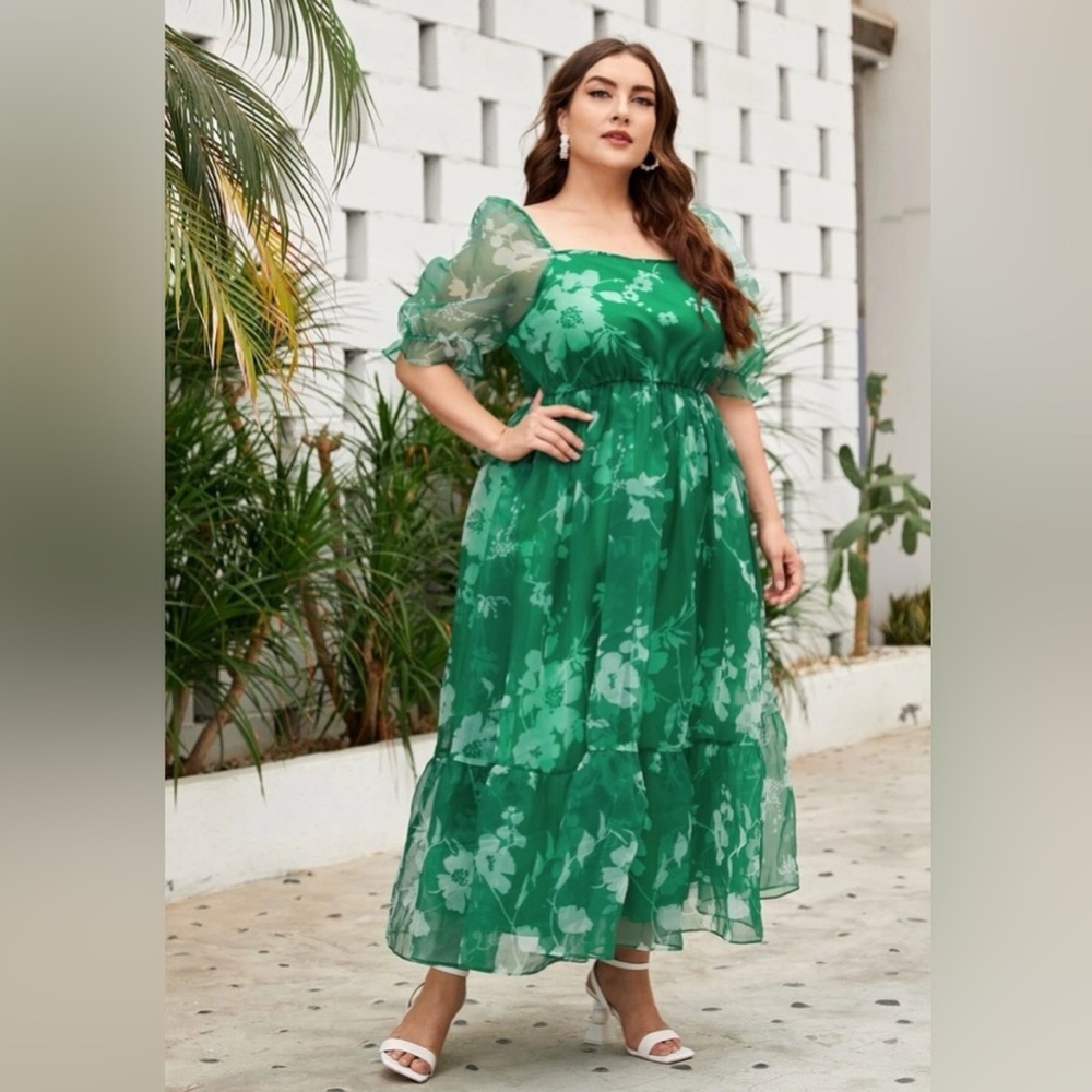 SHEIN Elegant Green Floral Puff Sleeve Flounce Ruffle Hem Milkmaid Dress Sz 3XL